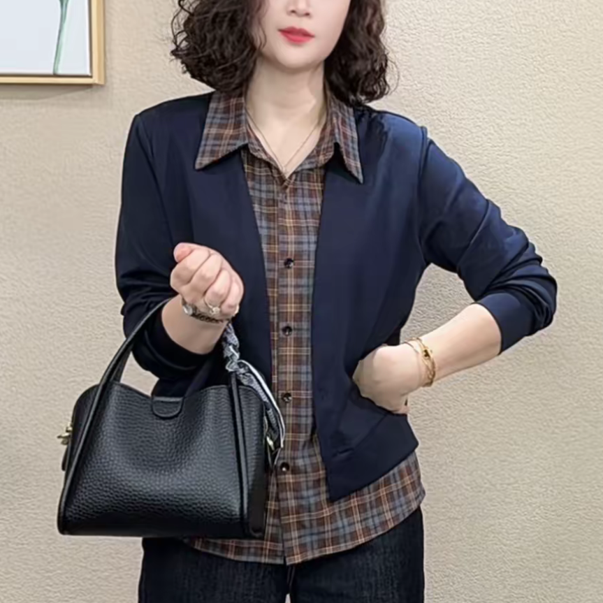 秋季新款时尚洋气长袖卫衣显瘦减龄休闲拼接格子假两件衬衫领上衣