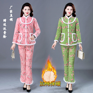 两件套 气质百搭加绒加厚毛毛棉衣棉裤 秋冬新款 东北大花棉袄套装