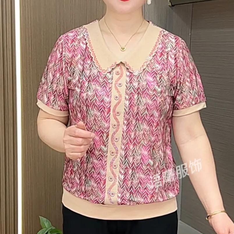 时尚妈妈装翻领短袖印花T恤夏季新款洋气碎花宽松娃娃领烫钻上衣
