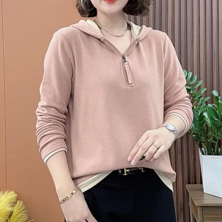 秋季新款连帽卫衣气质百搭显瘦纯色洋气版版拉链拼接撞色休闲上衣