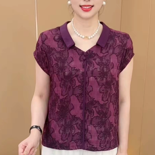 夏季新款休闲风洋气翻领短袖T恤撞色显瘦洋气减龄妈妈复古花上衣