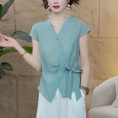 夏季新款时尚洋气设计感V领短袖衬衫系绳减龄休闲气质纯色上衣女