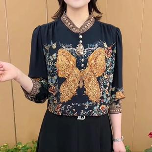 春季新款设计感打底衫气质百搭显瘦印花减龄大花朵薄款优雅衬衫女