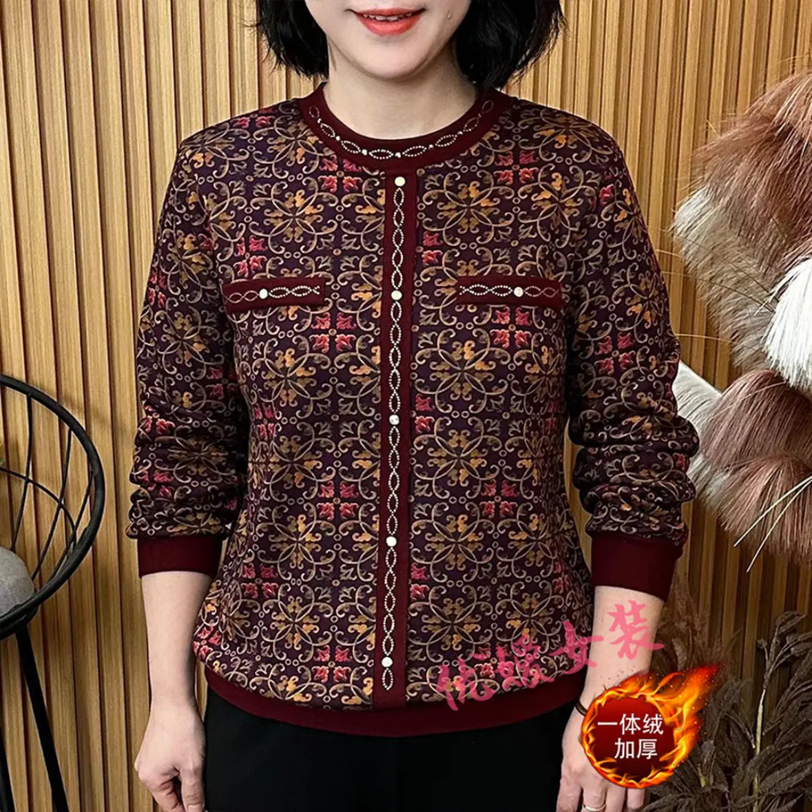 冬季新款加绒加厚印花半高领宽松显瘦百搭洋气烫钻气质复古上衣女,女装/女士精品,卫衣/绒衫,淘宝优惠券,粉丝福利购,淘宝优惠卷