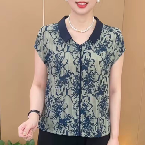 夏季新款休闲风洋气翻领短袖T恤撞色显瘦洋气减龄妈妈复古花上衣