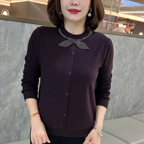 冬季新款时尚百搭宽松T恤衫双面绒蝴蝶结烫钻纯色气质设计感上衣