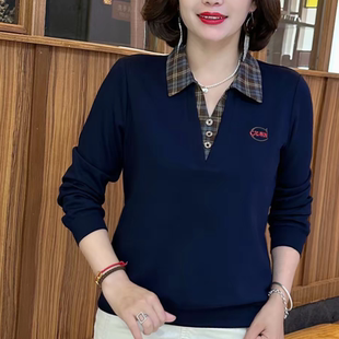 洋气长袖 时尚 T恤显瘦减龄假两件小众翻领休闲百搭上衣女 新款 秋季