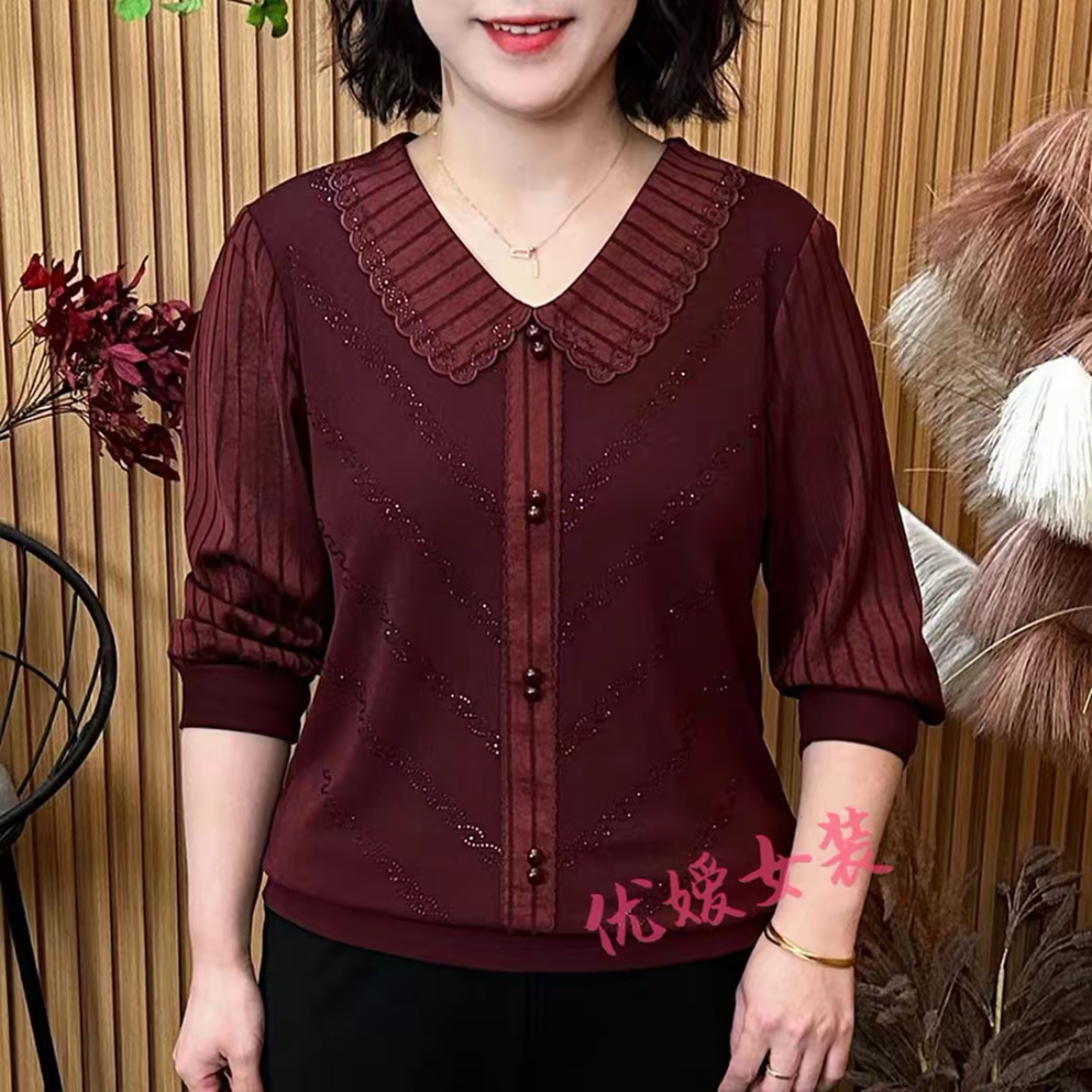 春季新款时尚娃娃领纯色显瘦烫钻花边长袖上衣气质妈妈拼接小衫女