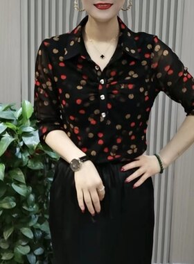 春夏新款衬衫女士长袖印花百搭修身显瘦小衫气质减龄翻领打底上衣