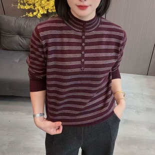冬季新款条纹针织衫半高领长袖毛衣百搭保暖细条纹休闲上衣打底衫