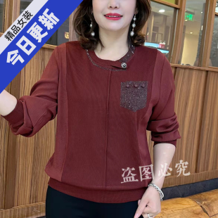 圆领领口烫钻打底衫 新中式 口袋拼接显瘦纯色妈妈休闲上衣 新款 春季