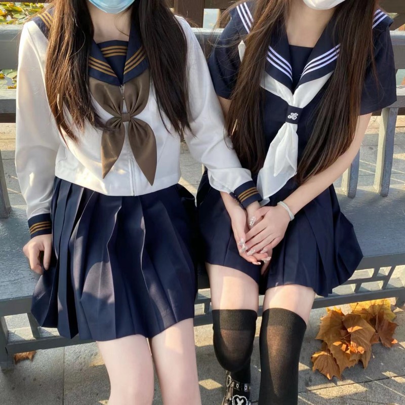 班服正统jk制服裙套装不良少女长袖短裙水手服日系绀领三本基础款