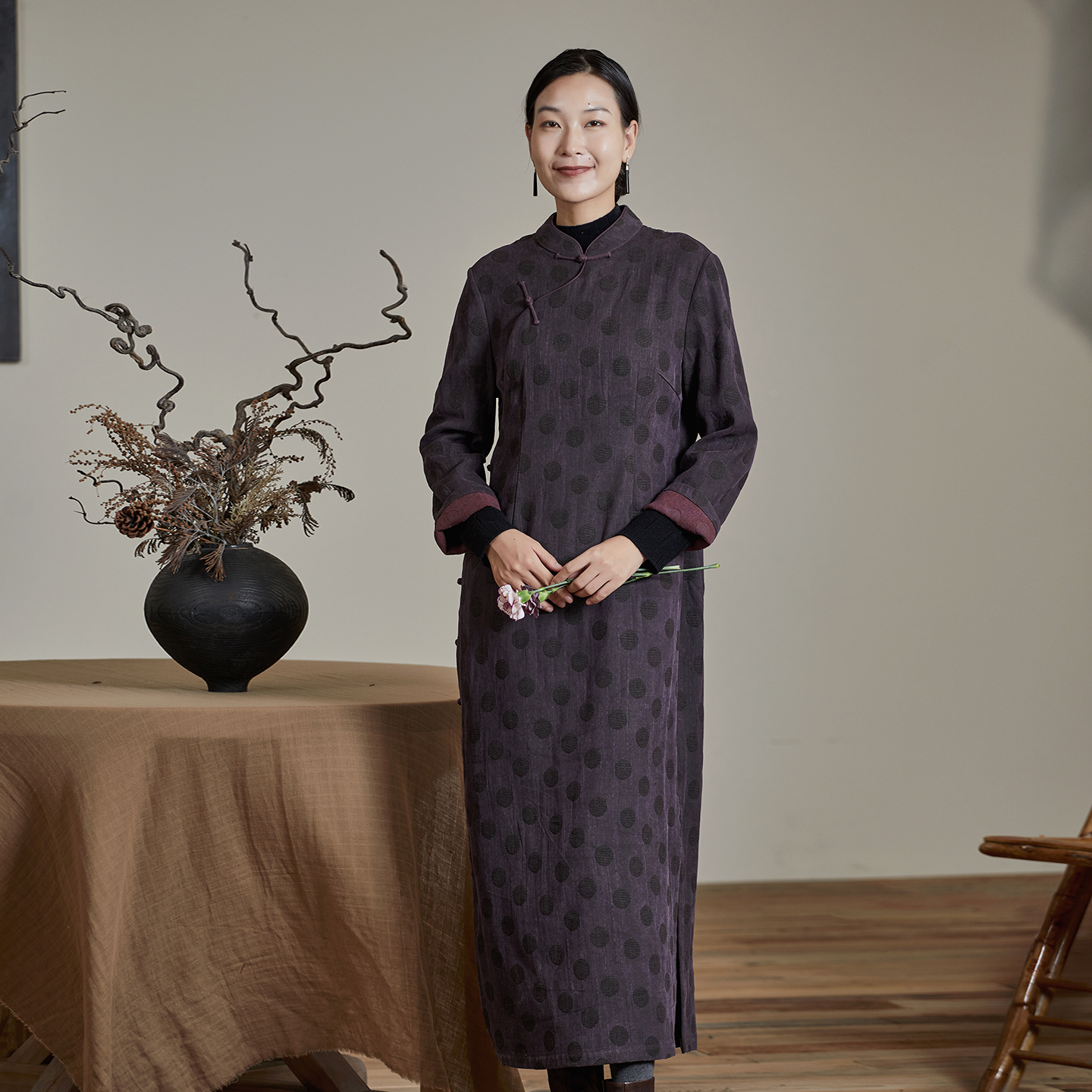 布小匠柞蚕丝提花香云纱旗袍