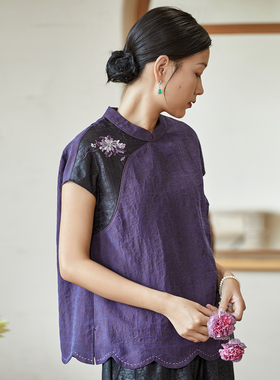 布小匠原创设计紫色龟纹香云纱桑蚕丝撞色上衣女装新中式气质衬衫
