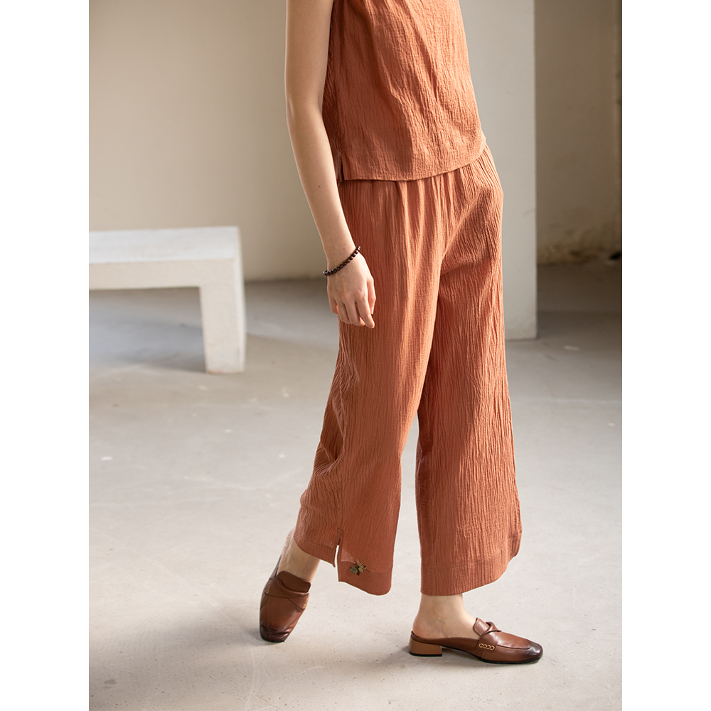 中高腰文艺布小匠长裤手绣