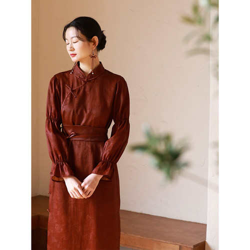 民族风A字裙真丝连衣裙