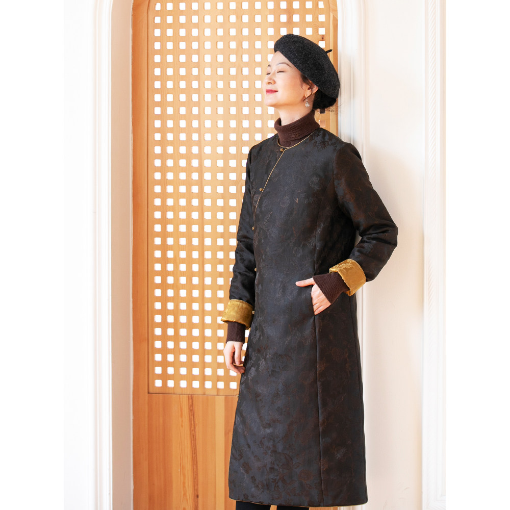 布小匠原创设计冬新款桑蚕丝香云纱中式棉衣外套中长款真丝棉服女