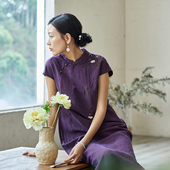 布小匠原创设计桑蚕丝紫色龟纹香云纱绣花旗袍女新中式 高级连衣裙