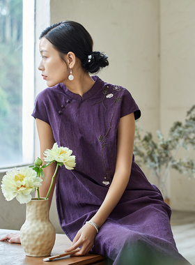 布小匠原创设计桑蚕丝紫色龟纹香云纱绣花旗袍女新中式高级连衣裙