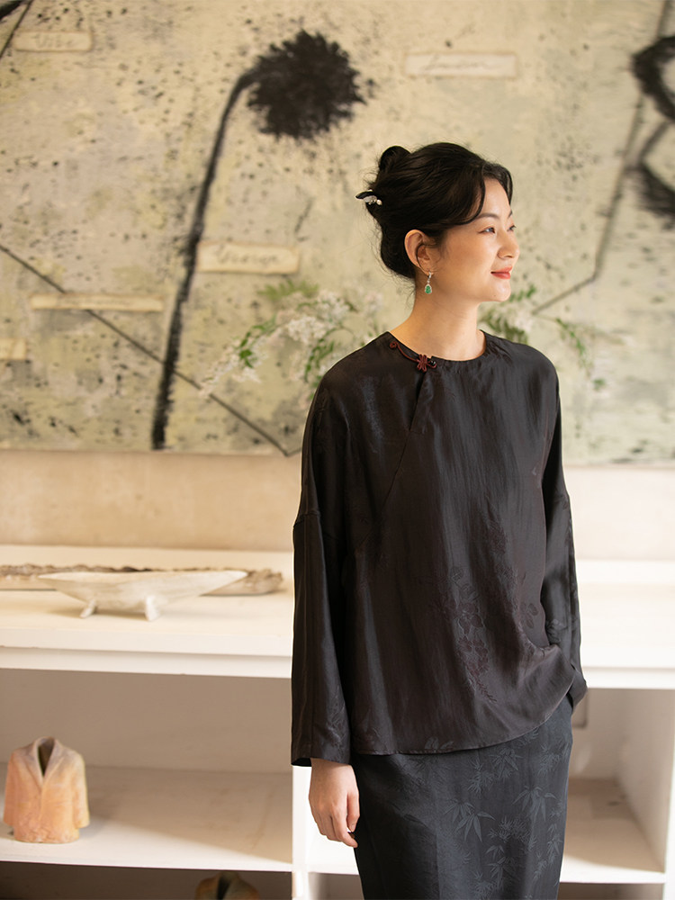 布小匠原创设计春季新款桑波缎提花香云纱衬衣新中式国风雅韵上衣