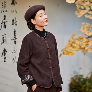 中式 国风轻薄上衣 新款 布小匠原创设计羊毛绣花夹棉外套女2026冬季