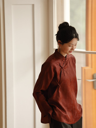 布小匠原创设计桑蚕丝红云纱提花旗袍上衣女春季新款中式国风衬衫