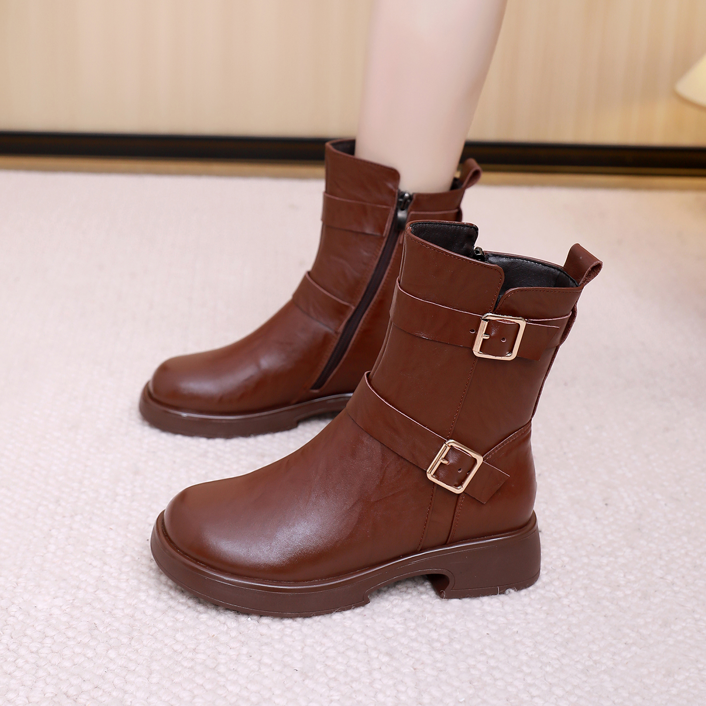 双皮带扣帅气英伦粗跟软底西部靴