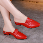 外穿懒人凉拖红色真皮时尚 大码 新款 女2026夏季 百搭 平底包头半拖鞋