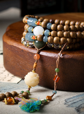 天然黄油沉香木多圈手链佛珠项链