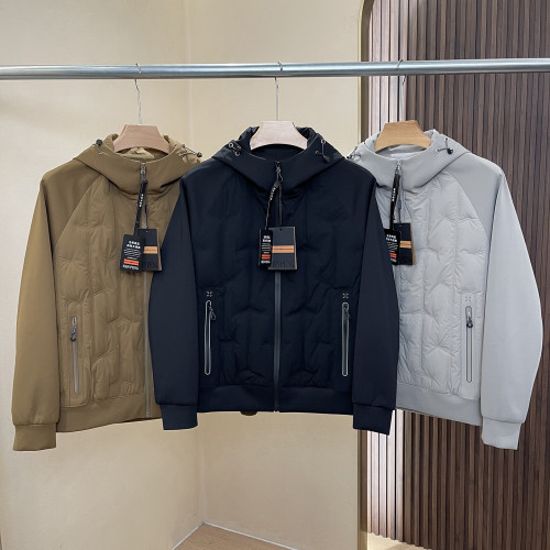 90绒轻薄弹力针织拼接连帽羽绒服