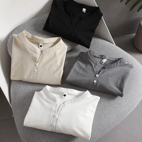 汉麻+长绒棉新中式双粒扣短袖T恤