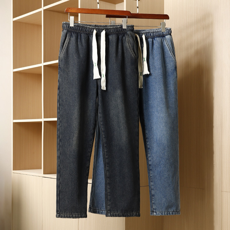 加绒加厚！宽松直筒抽绳松紧腰牛仔裤外贸尾货冬季日系水洗休闲裤,男装,牛仔裤,淘宝优惠券,粉丝福利购,淘宝优惠卷