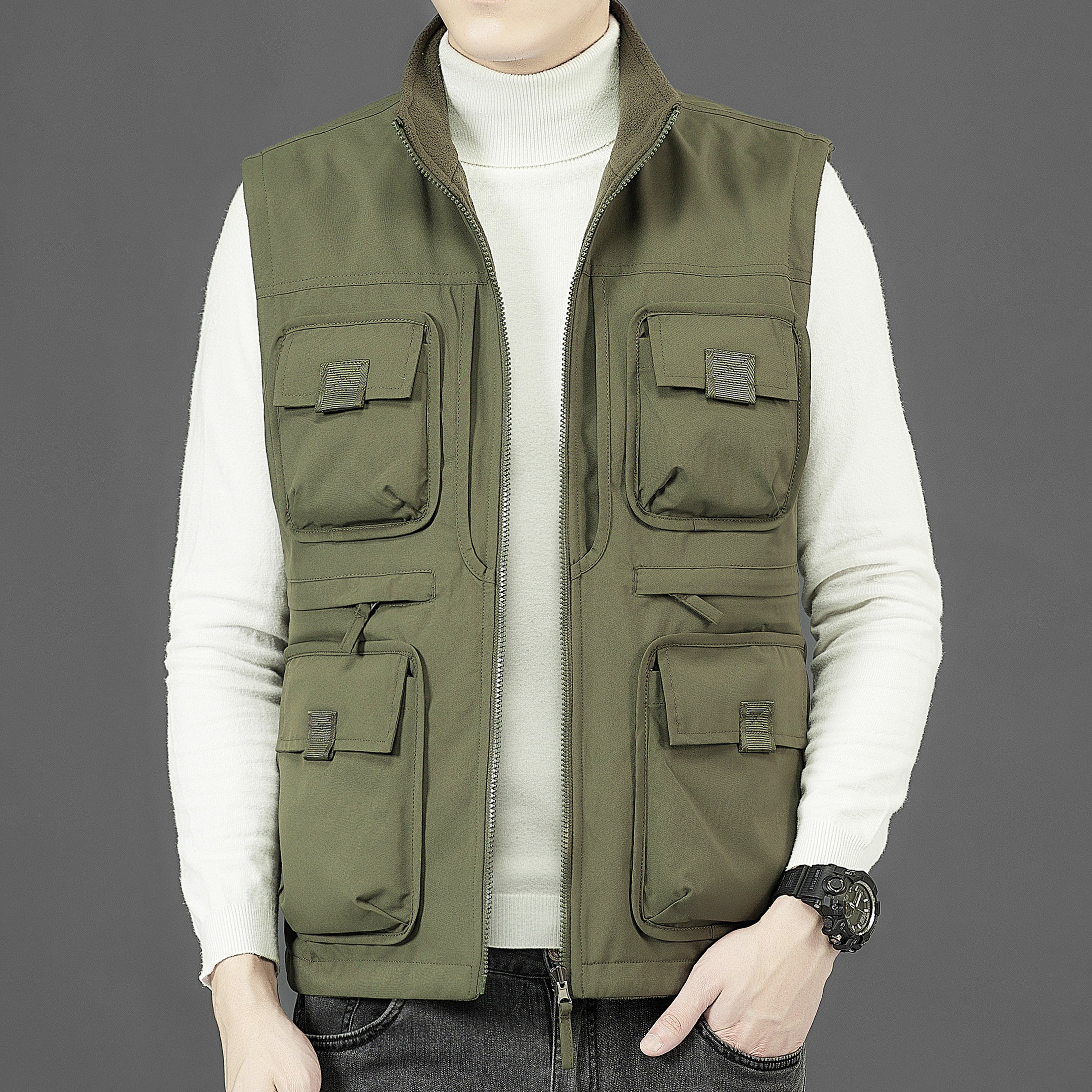 大码工装钓鱼摄影马甲背心双面穿