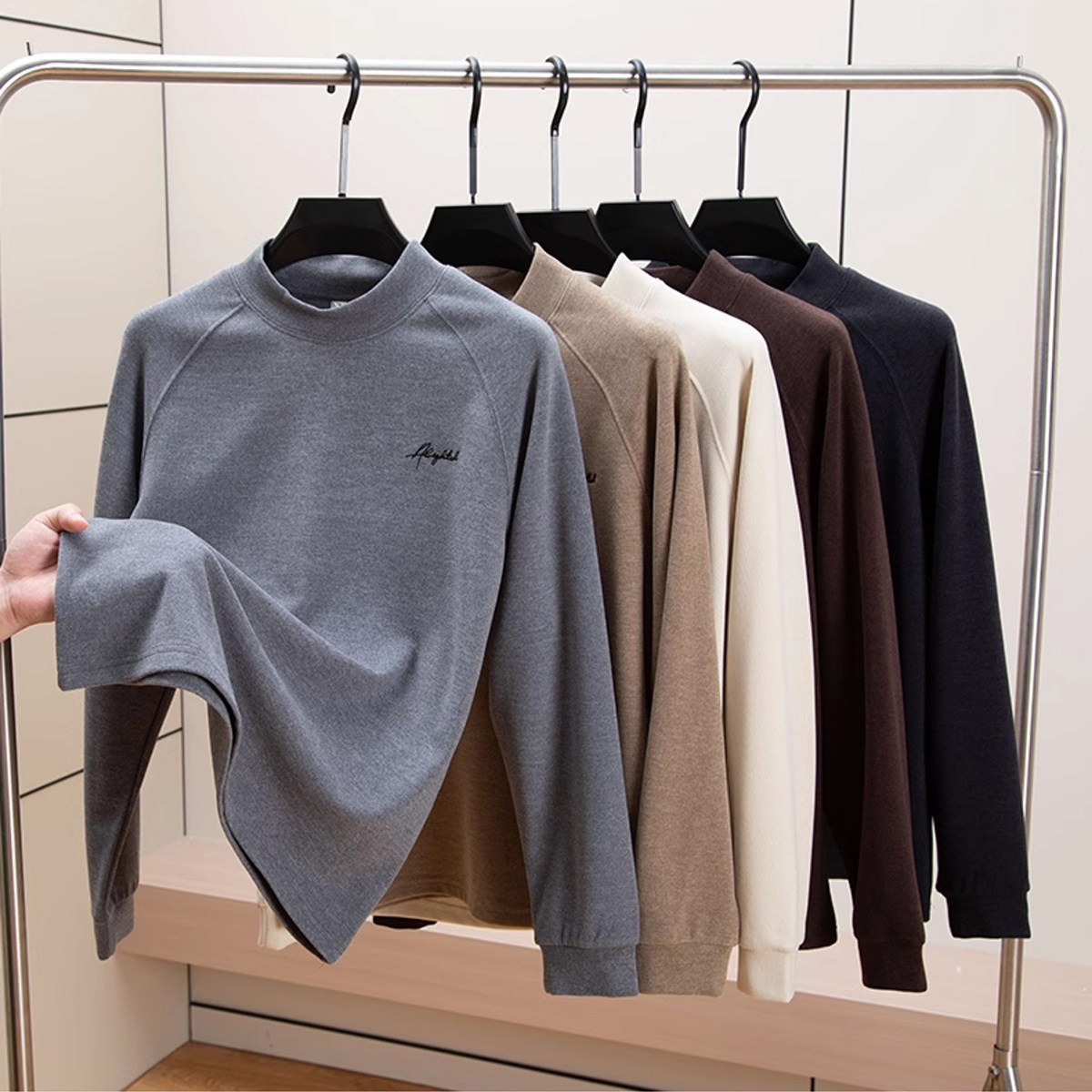 潮流线！阳离子双面磨毛抗起球刺绣半高领插肩袖保暖打底衫男秋冬,男装,T恤,淘宝优惠券,粉丝福利购,淘宝优惠卷