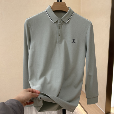 精梳珠地棉刺绣浅绿长袖POLO衫男