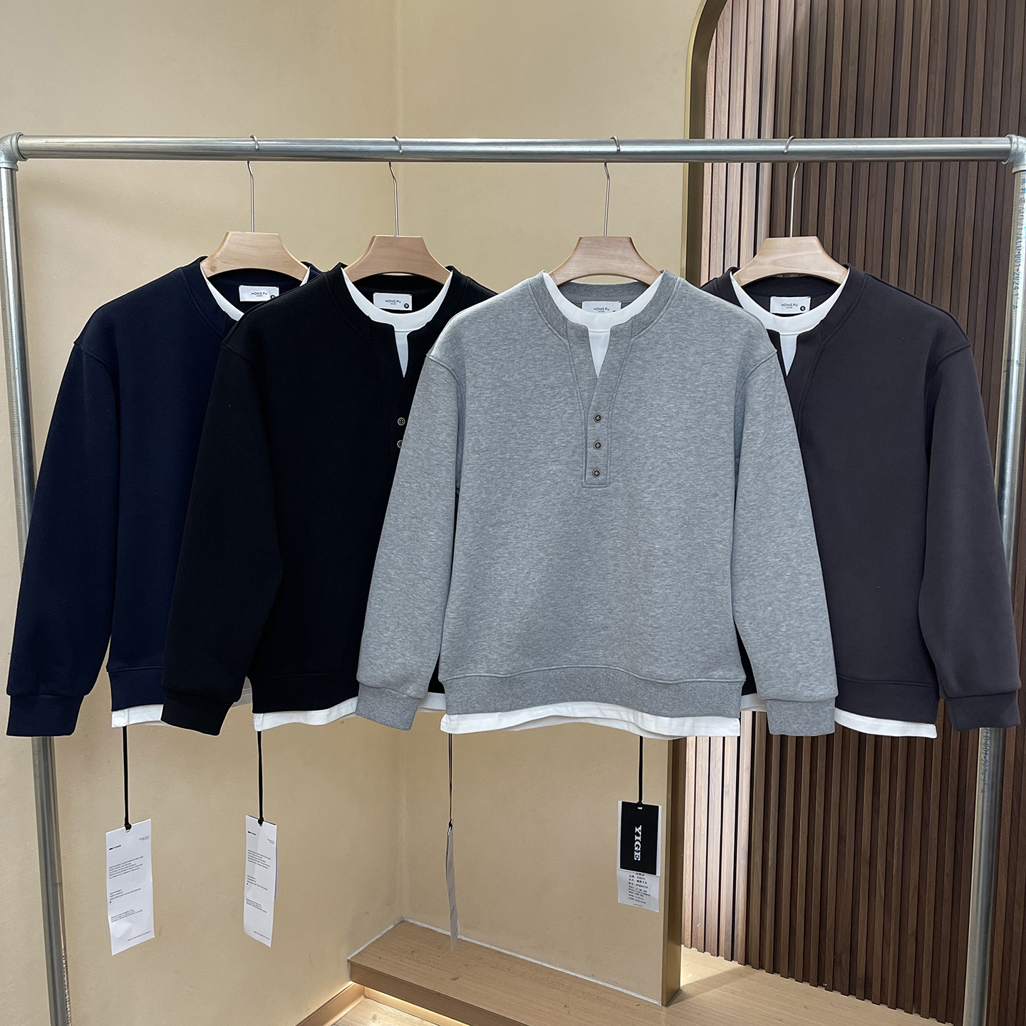 加厚奥粒绒假两件！25秋冬男士加绒保暖卫衣时尚老钱风亨利领上衣,男装,卫衣,淘宝优惠券,粉丝福利购,淘宝优惠卷