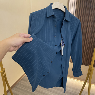 罗家！一体绒加厚保暖弹力商务衬衣秋冬男士休闲条纹磨绒长袖衬衫