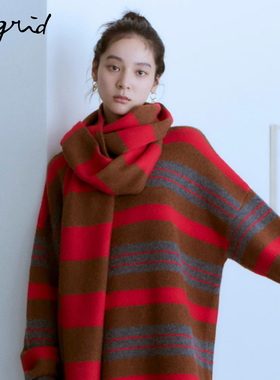 Ungrid25秋冬新品学院风百搭保暖撞色条纹毛线针织围巾1125510440