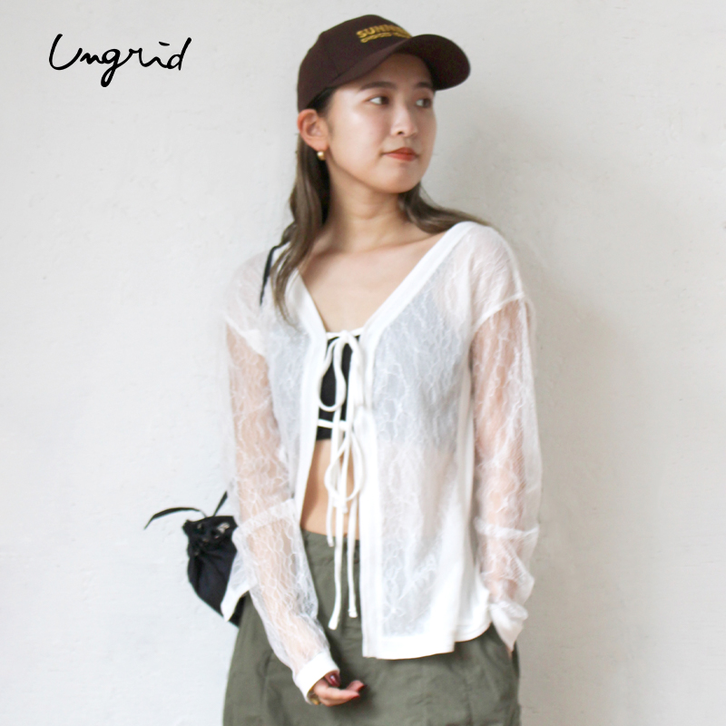Ungrid2025年新品日系休闲风针织半透蕾丝系带上衣开衫1125227170