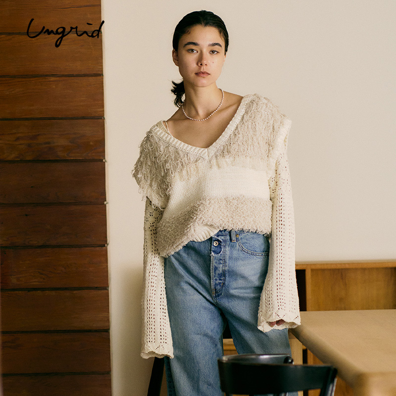 Ungrid2025春季新品慵懒风拼接毛绒V领套头毛衣针织衫1125126121