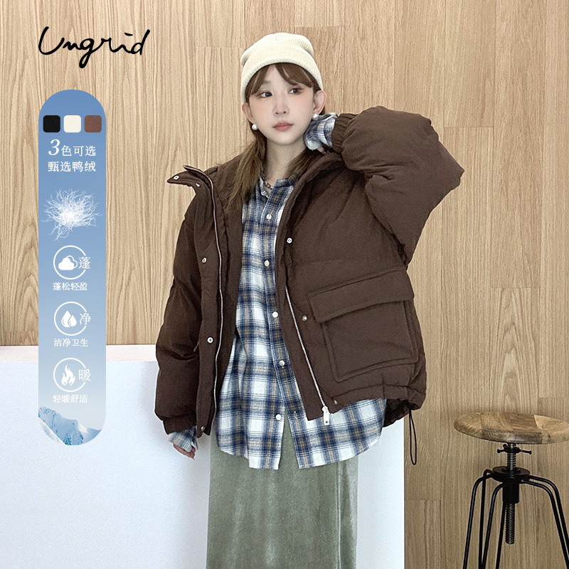Ungrid2024冬季新品自然色系小众灯芯绒连帽羽绒服外套1124402900