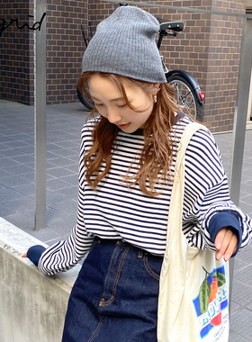 Ungrid25秋季新品慵懒感宽松条纹纯色圆领长袖T恤上衣1125527465