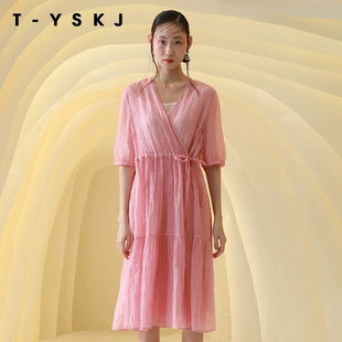 新款 小众设计细格荷叶边国风系带女长裙 宽松舒适连衣裙2022年夏季