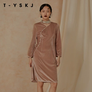 新中长款 斜襟设计旗袍丝绒刺绣连衣裙慵懒风 TYSKJ台绣2022年冬季