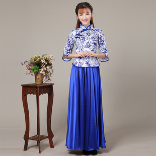 青花瓷衣服女中国风古典民乐演奏舞台服古筝伴奏大合唱演出服长裙