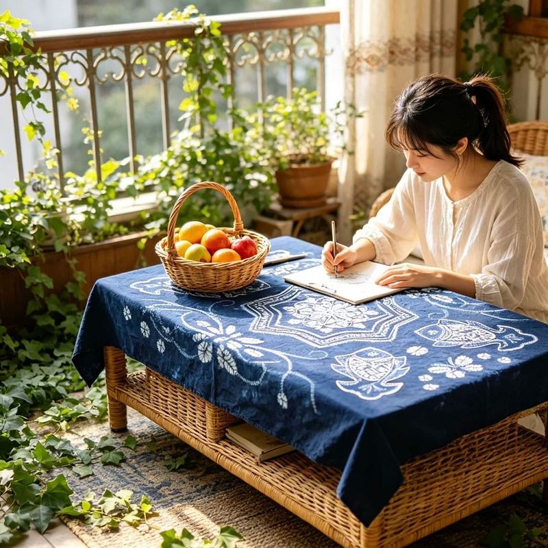 云南大理白族手工扎花扎染纯棉方桌布餐台布茶几布料深蓝色吉祥鱼