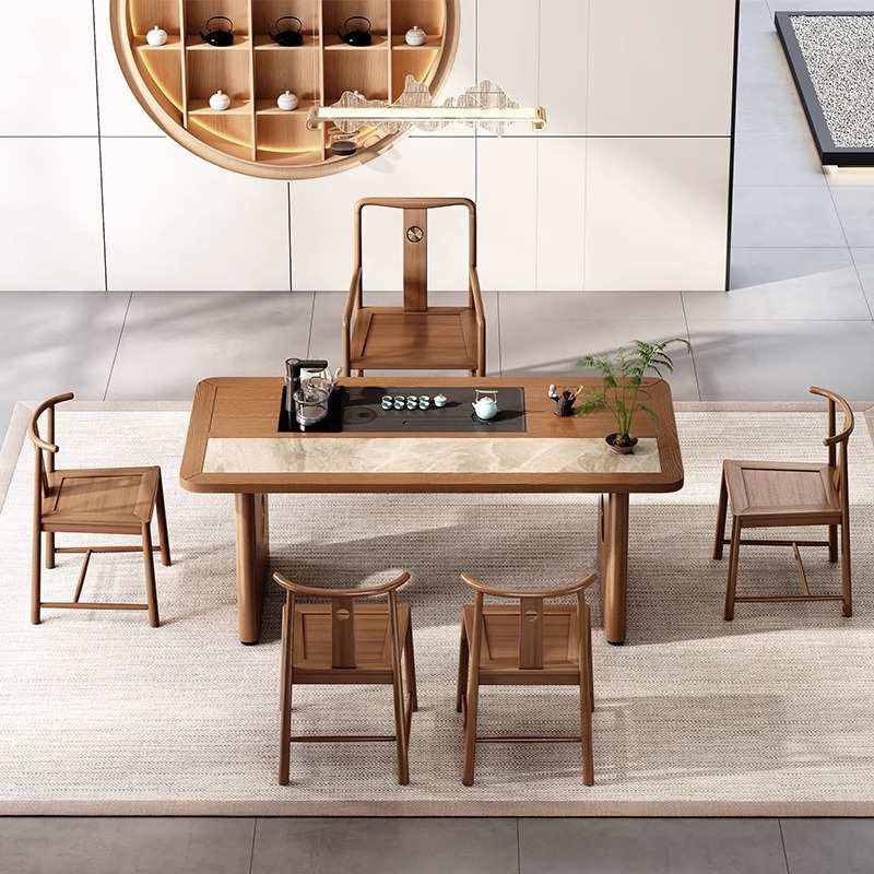 新中式实木岩板拼接茶桌椅组合办公室家用客厅接待会客功夫泡茶台