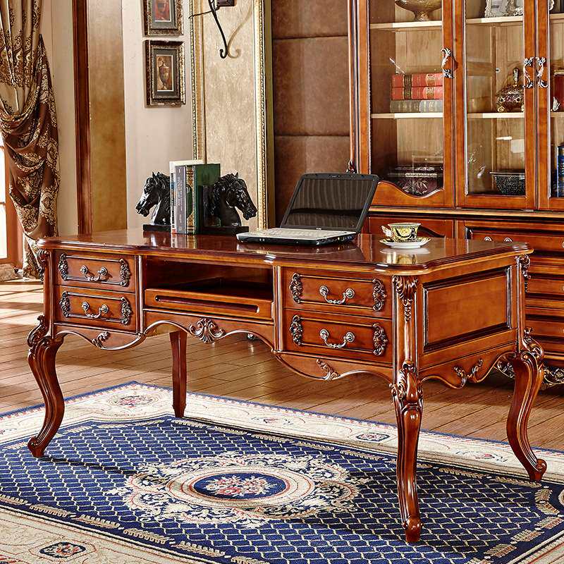 美式实木书桌长方形电脑桌欧式写字台办公桌复古桌雕花书桌椅豪华