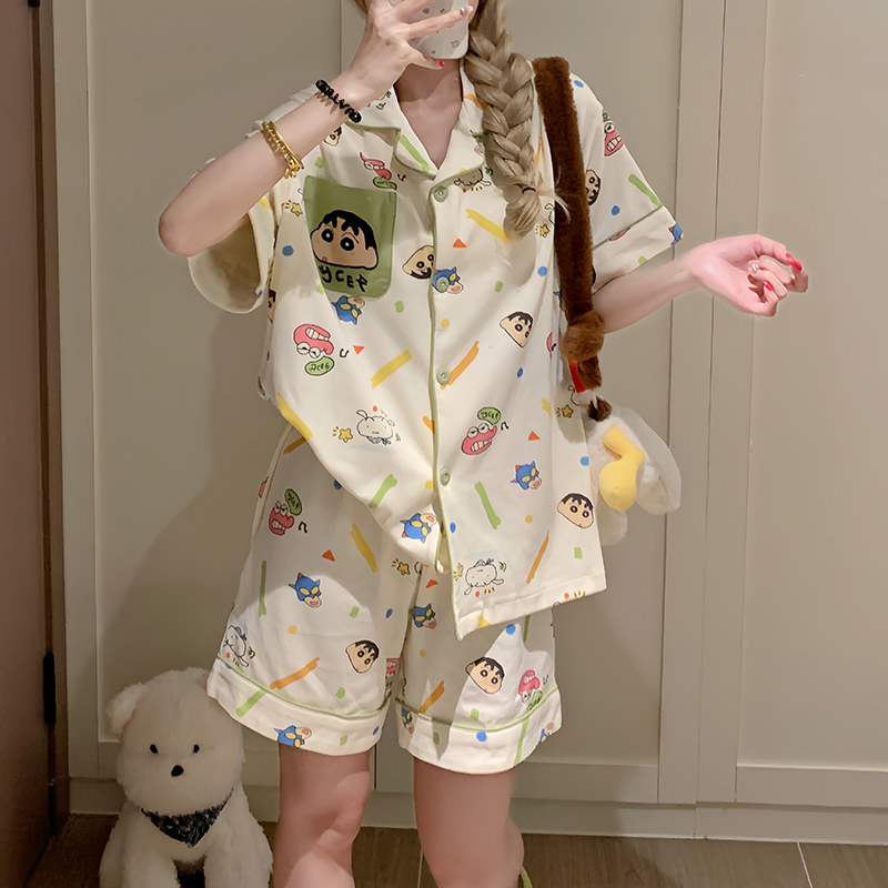 夏天2026年新款纯棉睡衣女款开衫短袖短裤可爱蜡笔小新家居服套装