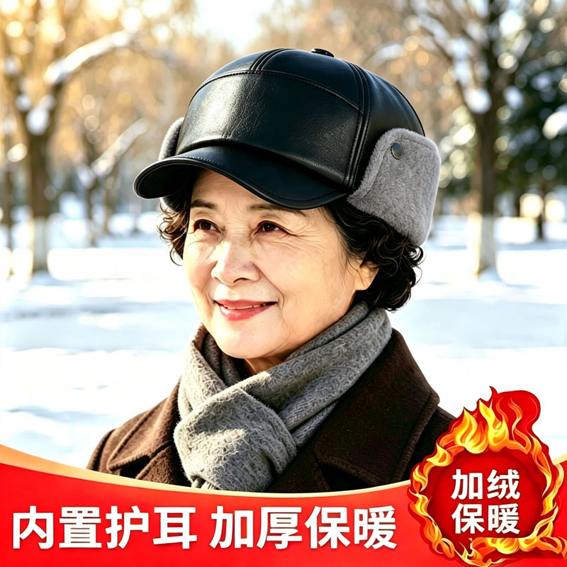 冬天女士保暖皮帽子秋冬季中老年人鸭舌防寒护耳加绒加厚棉帽奶奶